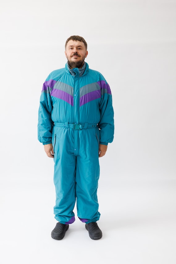 Teal Purple Grey Chevron Stripe Vintage Mens Ski Suit Jumpsuit with Hood Size XL