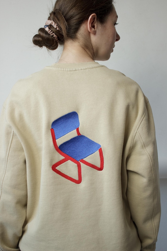 Minimalist Art Embroidered Reworked Sweatshirt Modernist Graphic Size M