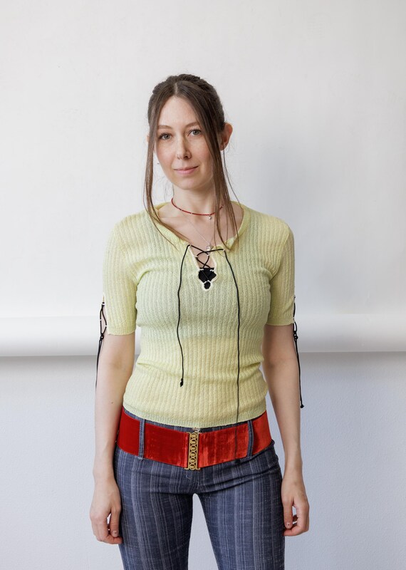 Y2K pistachio lace up top with corset ties, ribbed knit fitted tee, size Small
