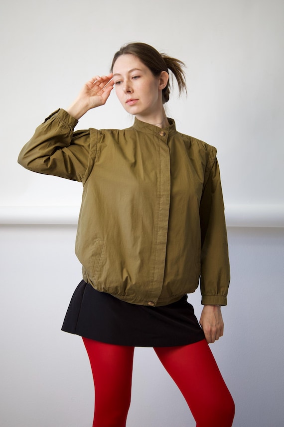 80s Olive Green Puff Shoulder Bomber Jacket Size M