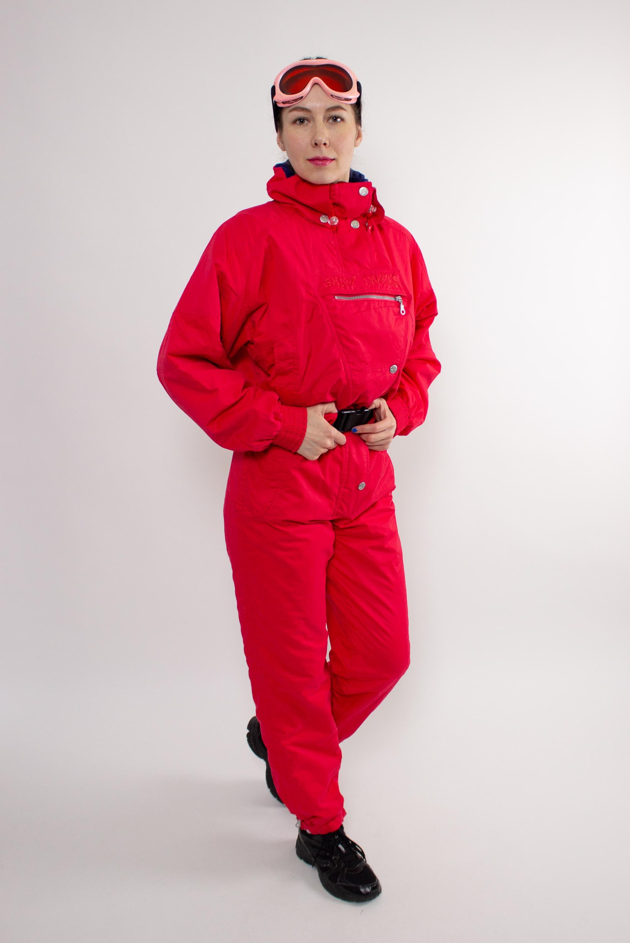 Vintage 90s One Piece Ski Suit with Hood, Retro Snow suit, Size M