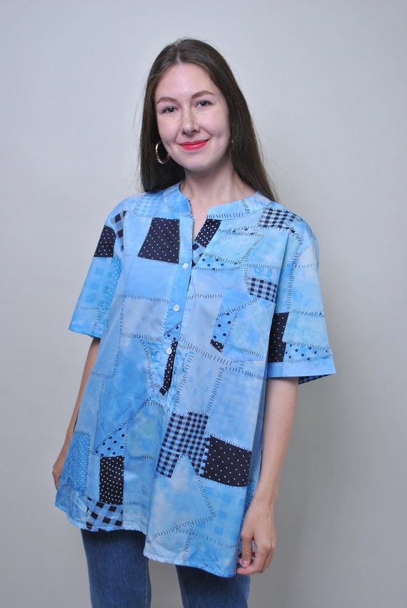 90s Blue Patchwork Print Blouse Gingham Polka Dot Oversized Short Sleeve Button Up Plus