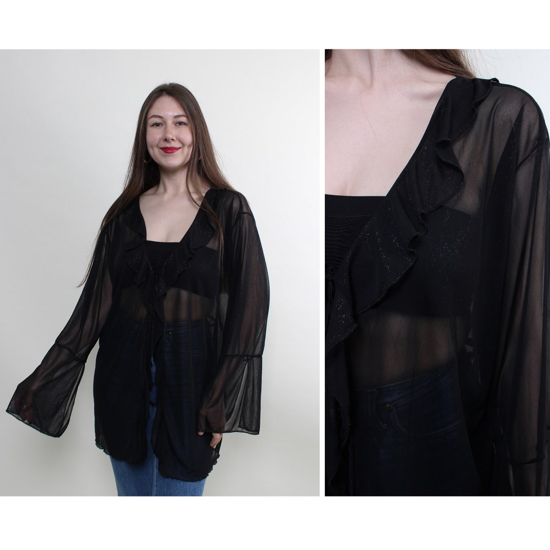 Black retro sheer pleat blouse  m