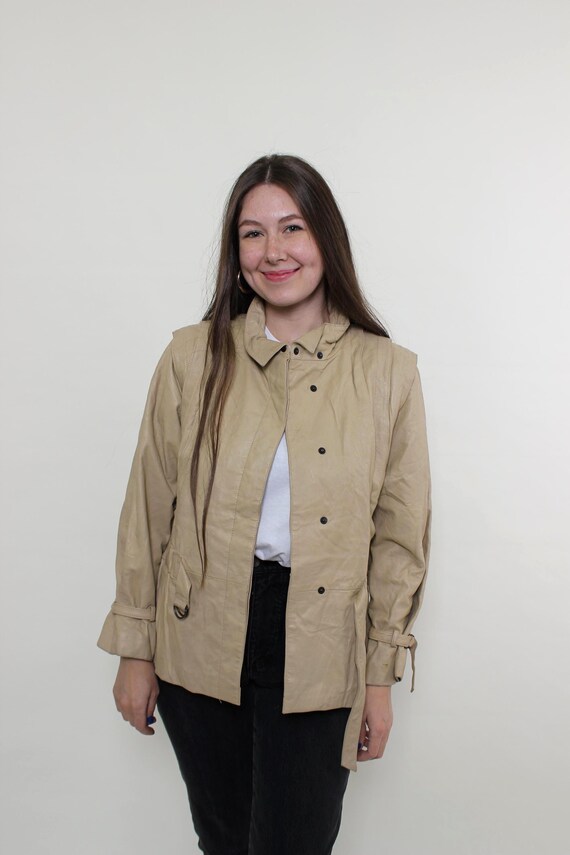 Vintage 90s Beige Leather Jacket, Minimalist Leather Coat, Size M