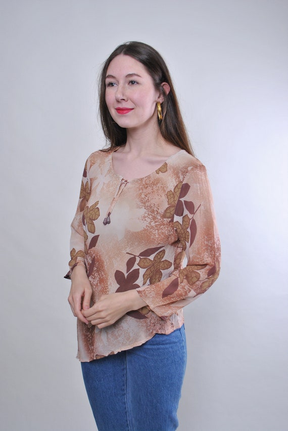 90s floral print top, vintage cute brown blouse w… - image 4