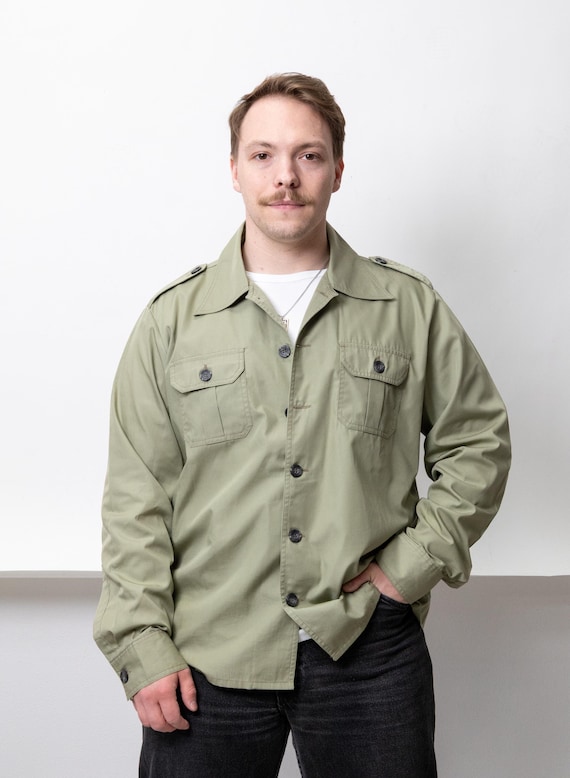 90s Military Overshirt Vintage Green Workwear Jacket Army Style Cotton Shirt Size L