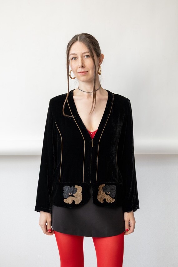 90s Black Velvet Zip Jacket Vintage Baroque Appliqué Gold Piping Dark Academia Blazer Size M