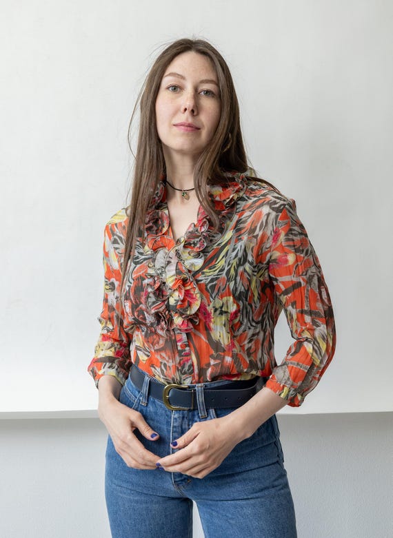 Y2K Orange Floral Ruffle Blouse Vintage Sheer Cascade Button Up Abstract Print Size S