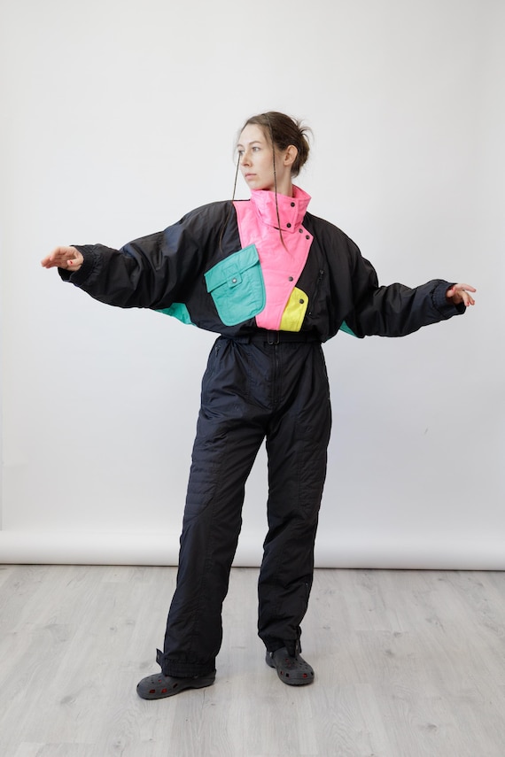80s Black Neon Pink Colorblock Vintage Ski Suit Asymmetric One Piece Snowsuit Size M