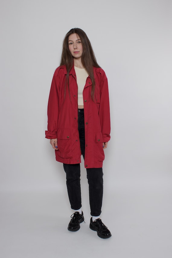 Vintage Red Trench Coat Women 90s Oversized Lightweight Spring Jacket, Size XL