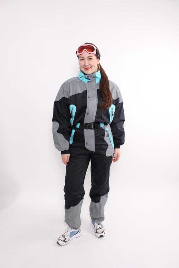 Vintage 90s Ski Suit, Retro One Piece Snowsuit, Color Block Winter Jumpsuit, Size M