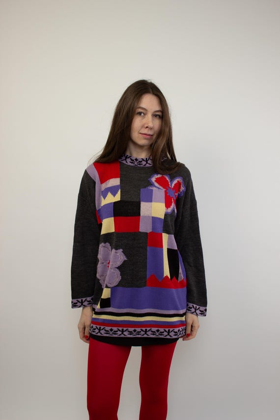Vintage Multicolor Patchwork Sweater 90s Purple Floral Retro Winter Knit Top, Size M