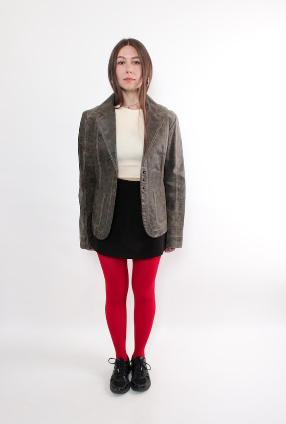Vintage 90s Brown Leather Jacket Women – Fitted Blazer Style with Contrast Stitching – Size M