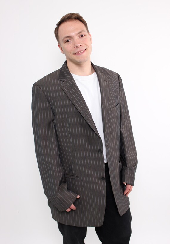Vintage 90s Pinstripe Blazer XL, Grey Italian Suit Jacket, Retro Striped Coat
