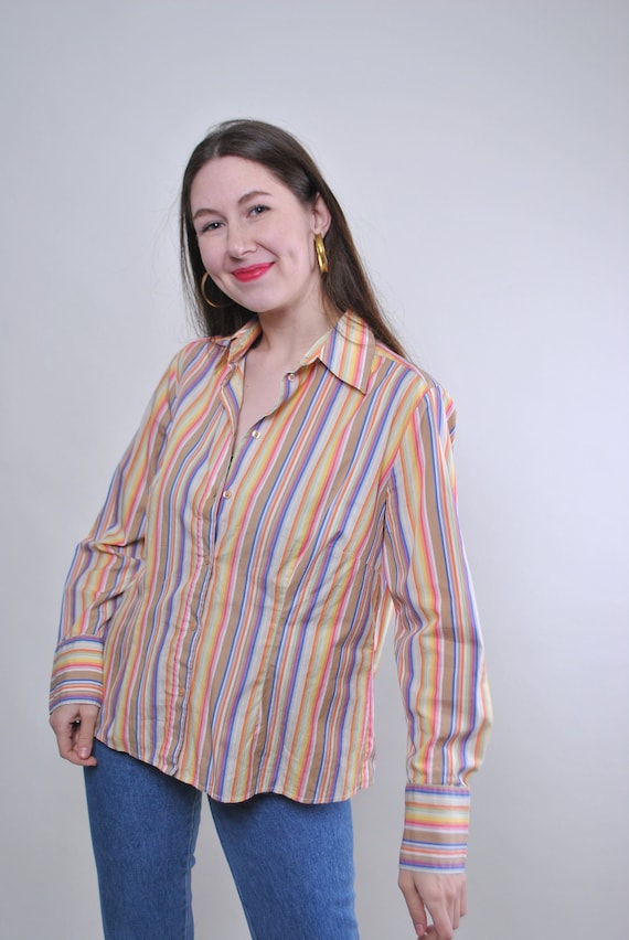 Rainbow Stripe Button Shirt Fitted Long Sleeve Multicolor Blouse Vintage 90s L