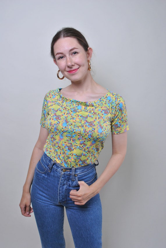 Vintage multicolor summer blouse with abstract print, 90s green pullover shirt, Size M