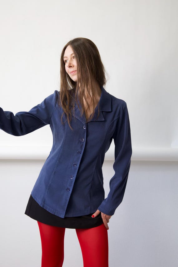 90s Navy Notched Collar Button Blouse Vintage Size S/M