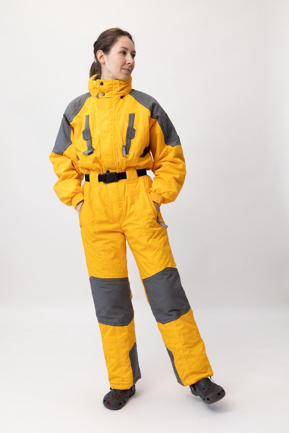 90s Sunflower Yellow Grey Colorblock Vintage Hooded Ski Suit One Piece Snowsuit Size M