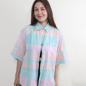 80s Vintage Cotton Shirt: Oversized Pastel Plaid Blouse, Size L