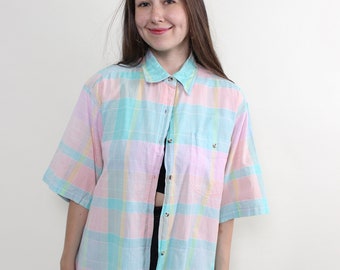 80s multicolor button up shirt, vintage women oversized summer vibes funky shirt, Size L