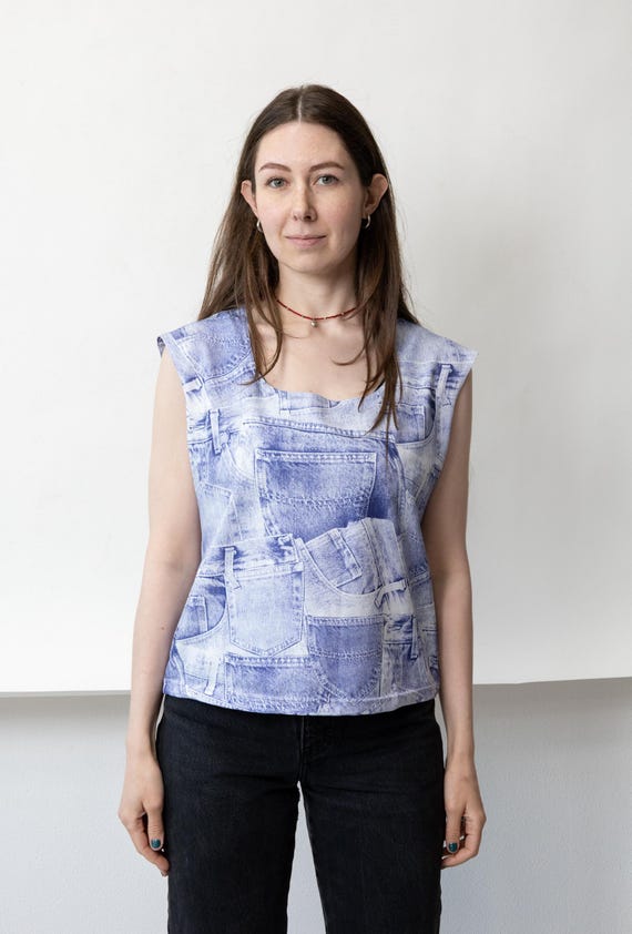 Y2K Denim Print Tank Top Trompe Loeil Jeans Pocket Sleeveless Crop Top M