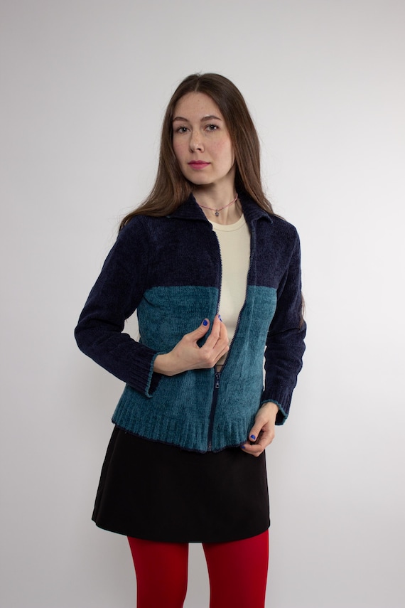 Vintage 90s Two Tone Zip Cardigan, Retro Blue Acrylic Knit Sweater, Size S