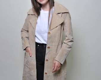 Vintage 80s leather overcoat, beige long trench coat, casual jacket with belt, Size M