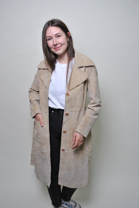 Vintage 80s leather overcoat, beige long trench coat, casual jacket with belt, Size M