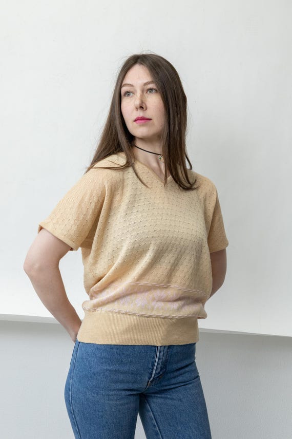 90s Cream Pointelle Knit Top Vintage V Neck Pink Jacquard Hem Blouse Size L