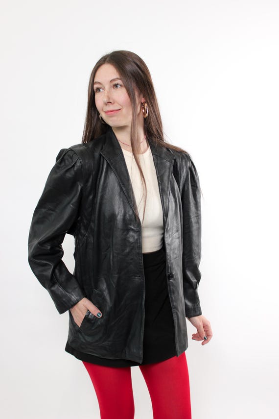 Vintage 90s Black Leather Blazer, Oversized Structured Shoulders, Minimalist Retro Coat