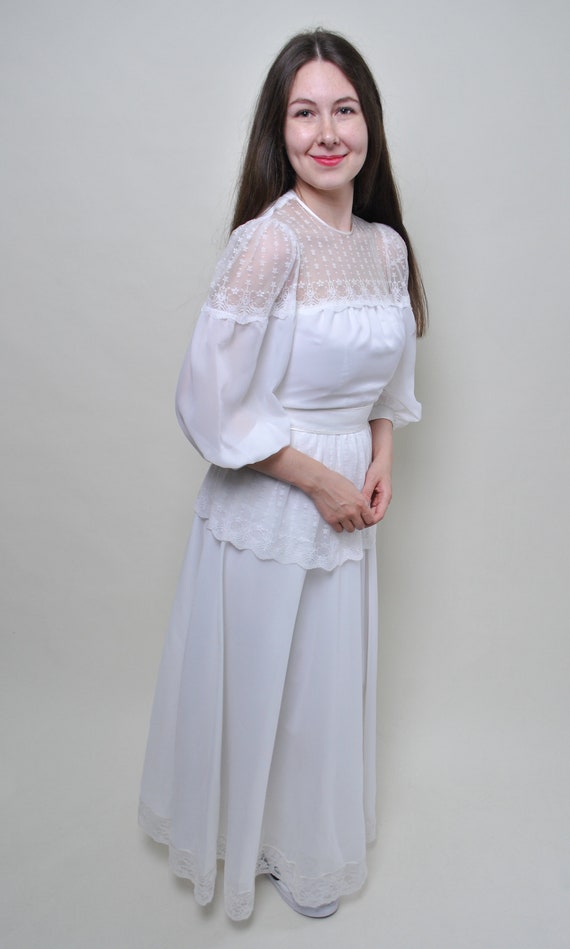 90s White Lace Wedding Dress VintageTulle Yoke Puff Sleeve Peplum Bridal Size S