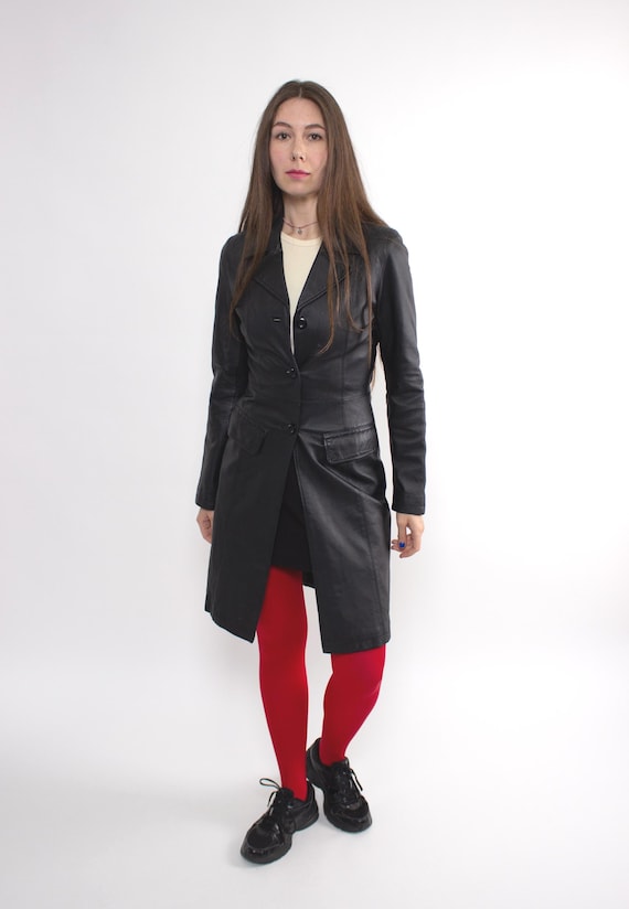 Vintage 90s Black Leather Trench Coat, Fitted Minimalist  Long Jacket, Size S