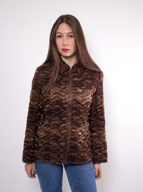 90s Brown Animal Print Jacket Vintage Quilted Texture Lightweight Wavy Stripe Blazer Size M