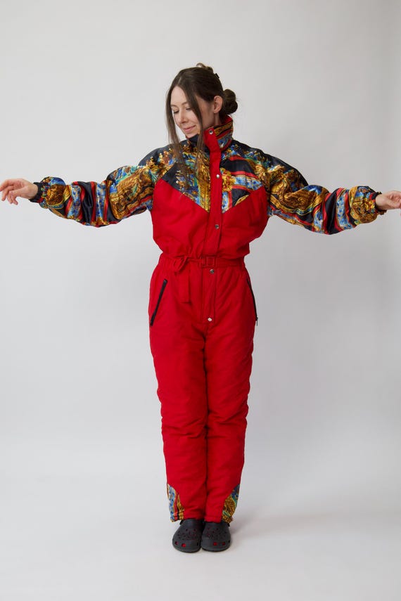 Vintage Red Baroque Print Ski Suit One Piece Size M