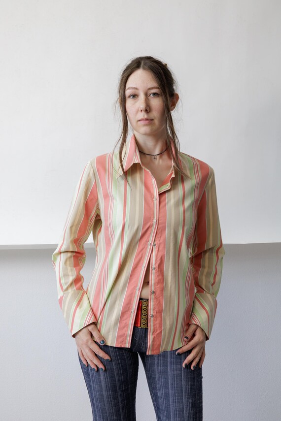 90s Pastel Candy Stripe Shirt Vintage Coral Green Cream Fitted Button Up Size M