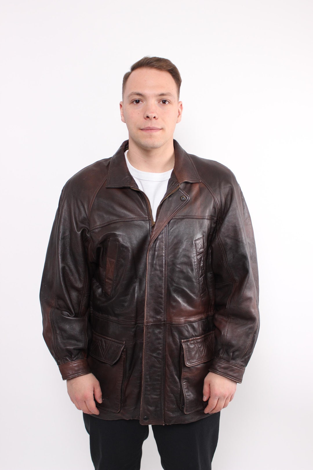 80s Grunge Leather Jacket, Vintage Brown Color Biker Parka Jacket