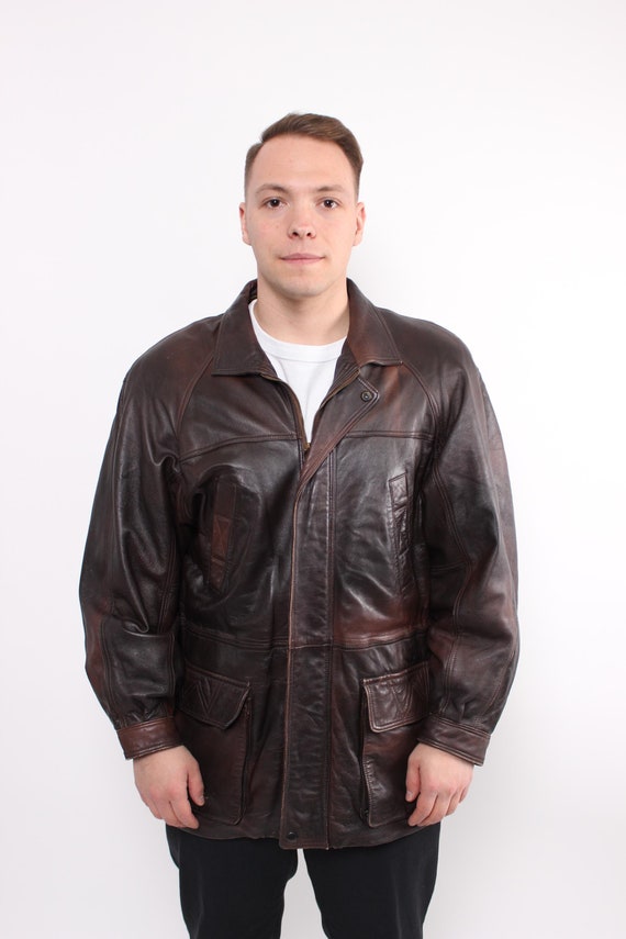 80s grunge leather jacket, vintage brown color biker parka jacket, Size XL