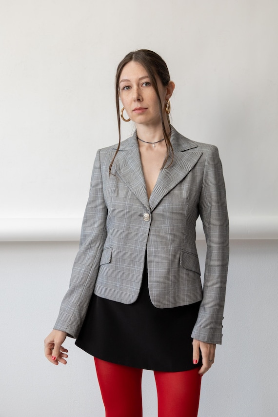 90s Grey Prince of Wales Check Blazer Vintage Menswear Plaid Jacket Size M