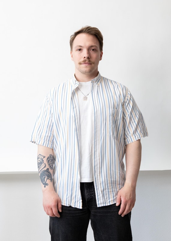 90s Seersucker Striped Shirt Vintage Short Sleeve Blue Mustard Italian Cotton Size M