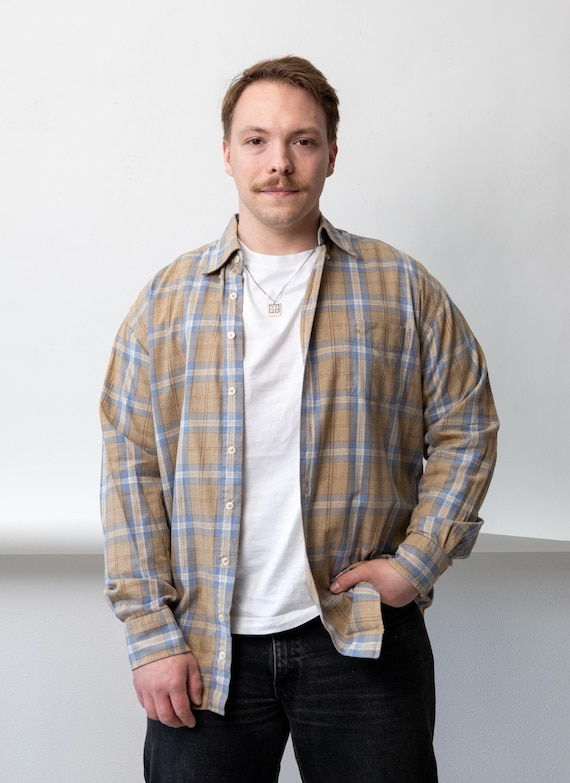 90s Plaid Shirt Mens Oversized Vintage Cotton Beige Blue  Tan MadrasCheck Size L