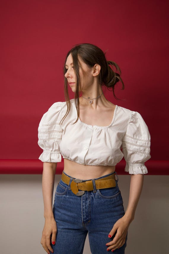 Vintage White Cotton Puff Sleeve Crop Top Milkmaid Blouse Size L