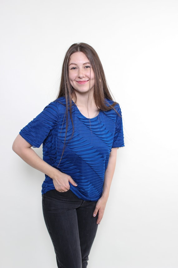90s blue textured blouse, vintage pullover short sleeve cocktail blouse, Size L