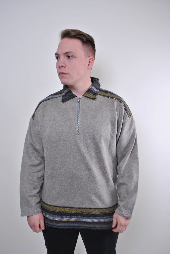 90s collared jumper, vintage Abstract embroidery collared gray zipped up sweatshirt, Size L