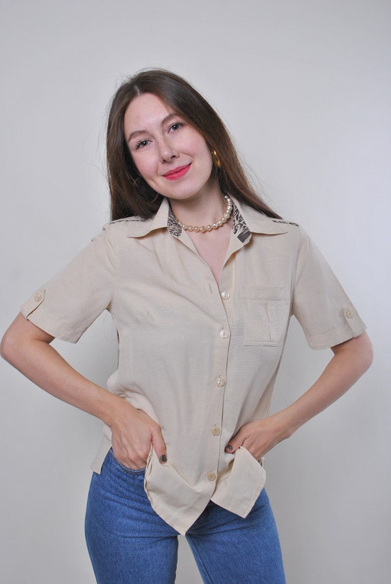 Vintage Safari Blouse: 90s Beige Short Sleeve Military Shirt (Size M)