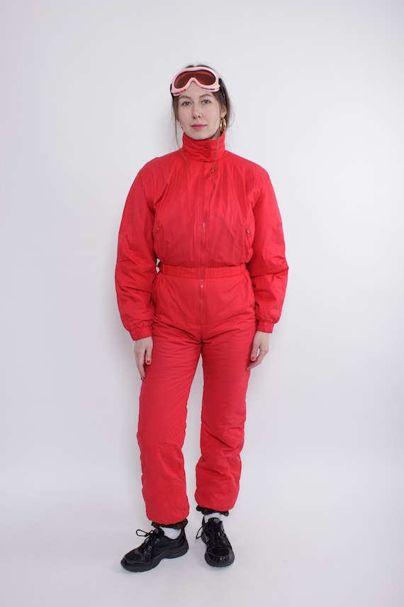 90s one piece ski suit, vintage winter jumpsuit, retro snowsuit in red, Size M