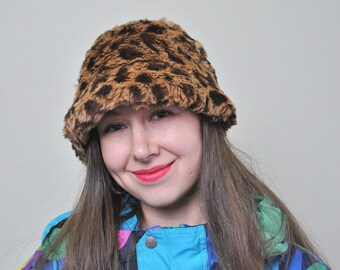 Leopard bucket hat, women vintage winter rave hat