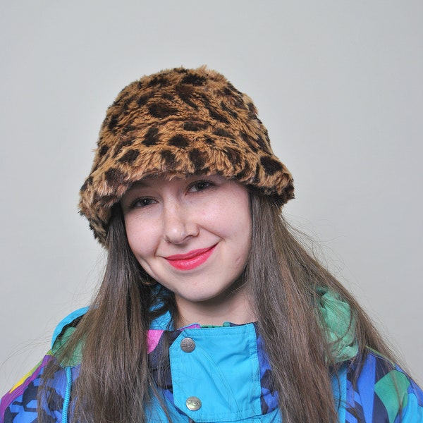 Leopard bucket hat, women vintage winter rave hat