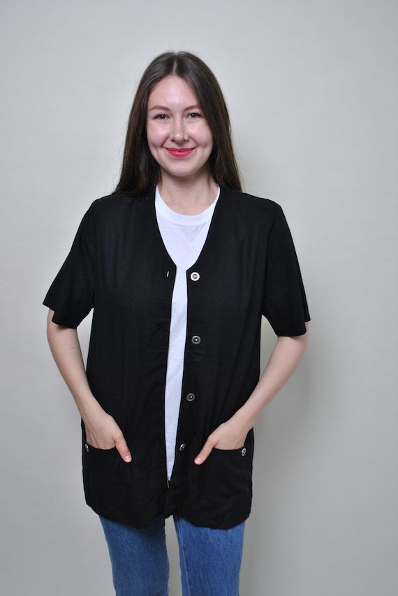 Black Tunic Overshirt, Minimalist 90s Short Sleeve Layering Top, Pockets, M