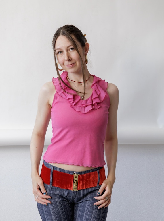 Y2K Pink Ruffle Tank Vintage Fuchsia Fitted Sleeveless Crop Top Size S