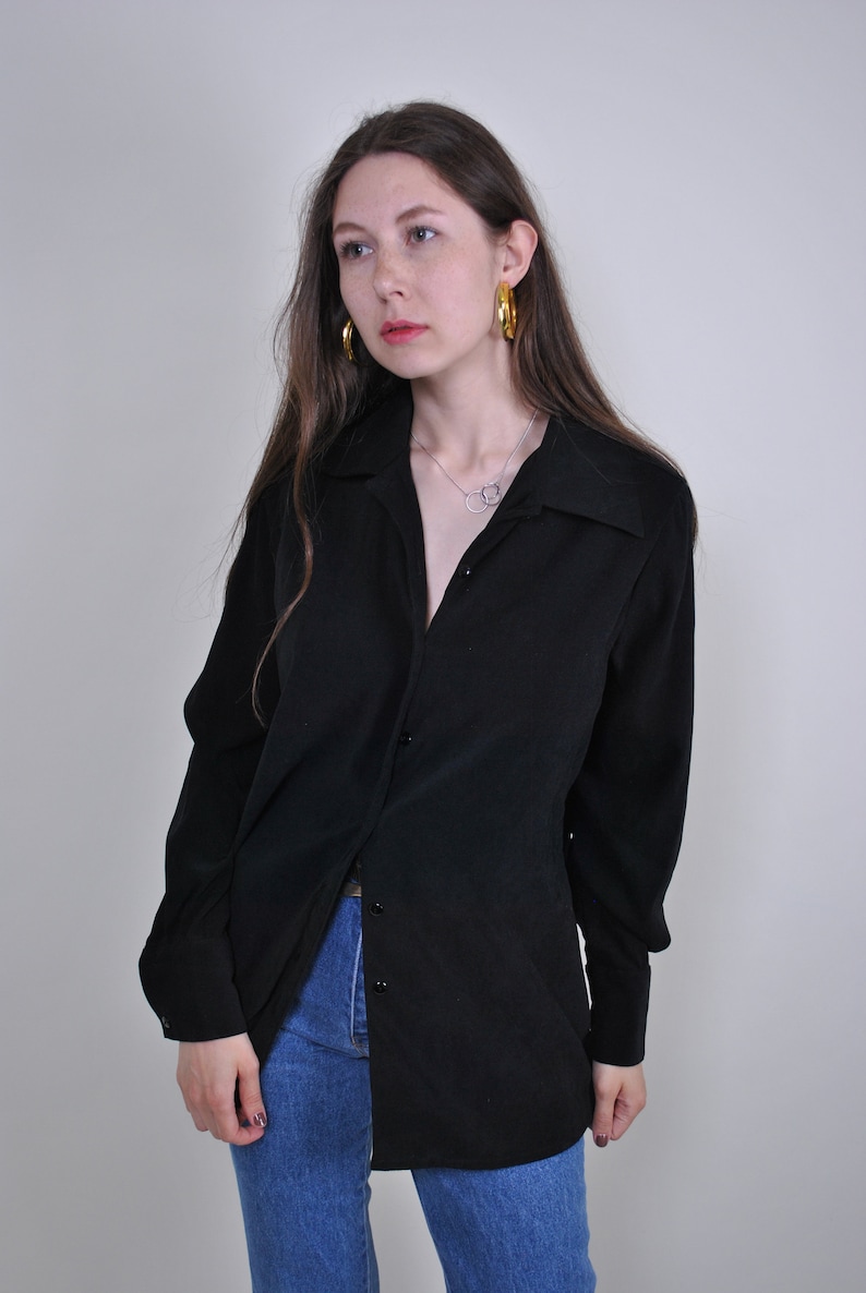 All Black Color Buttons up Shirt 90s 80s Vintage Womnes wmns Retro Long Cloak Oversize One color Long sleeve Shirt Spring Summer Outfit